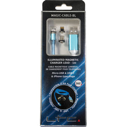 Magic-Cable-BL - Câble de Charge Magnétique multi embout USB micro/USB/Iphone  Lumineux Bleu - 1 m