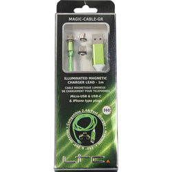 Magic-Cable-GR - Câble de Charge Magnétique multi embout USB micro/USB/Iphone  Lumineux Vert - 1 m